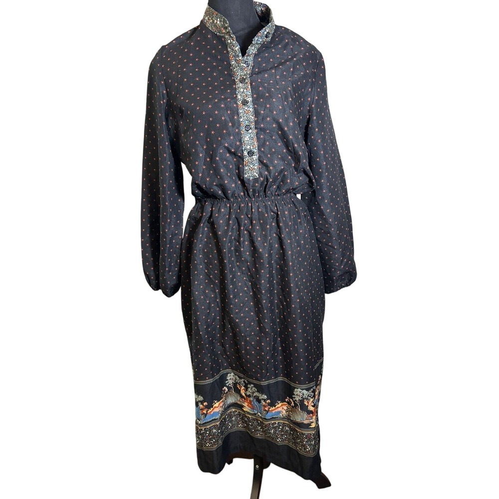 Lillie Rueben Vintage Dress Floral Trim Long Sleeve Midi Dress Cottagecore